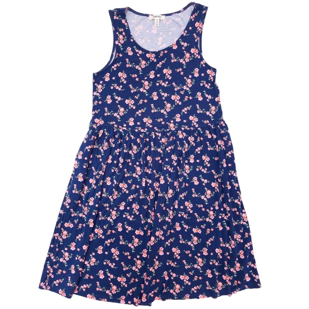 Como Blu Navy Blue Floral Sleeveless Pocket Dress S Gathered Empire Waist Cotton